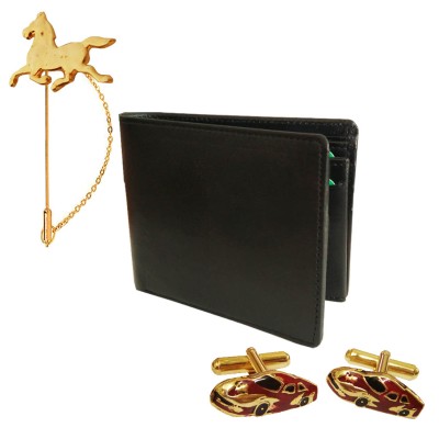 Menjewell Special Gift Multicolor Running Horse Stick lapel Pin & Car Design Cufflink With Wallet Combo For Men